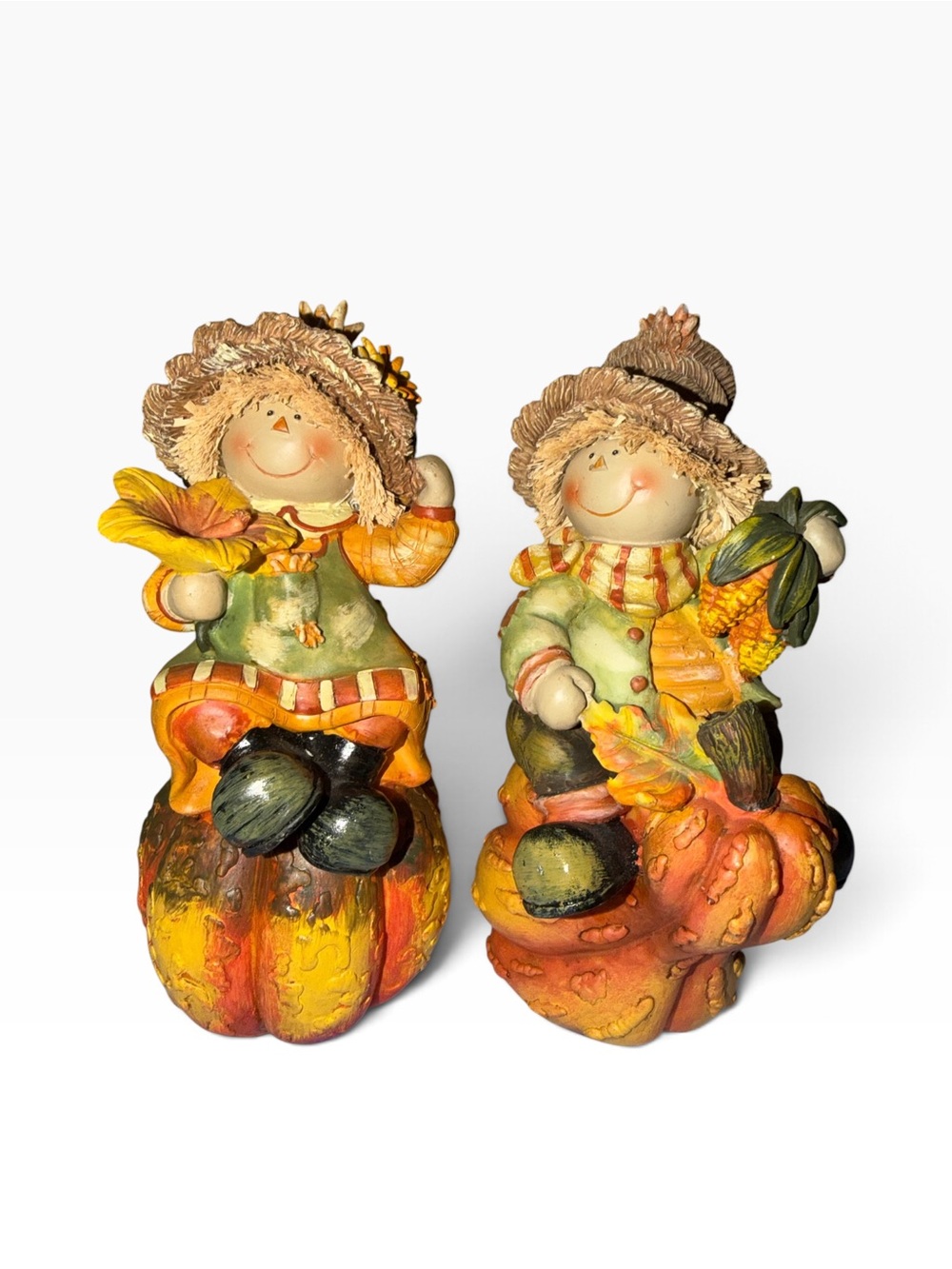 Autumn Harvest Scarecrow Figurine Pair - Orange, Green